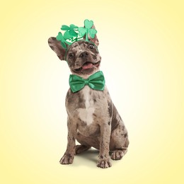 Image of St. Patrick's day celebration. Cute French Bulldog wearing headband with clover leaves and green bow tie on yellow background