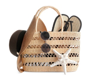 Photo of Set of beach accessories on white background