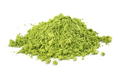 Photo of Powdered matcha tea on white background