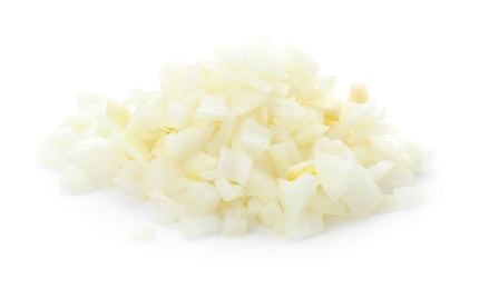 Photo of Pile of chopped onion on white background