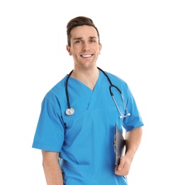 Photo of Portrait of medical assistant with stethoscope and clipboard on white background
