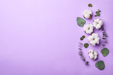 Photo of Flat lay composition with cotton flowers on violet background. Space for text