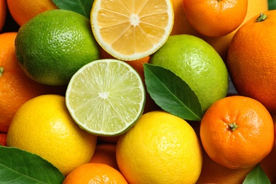 Photo of Many different citrus fruits as background, top view