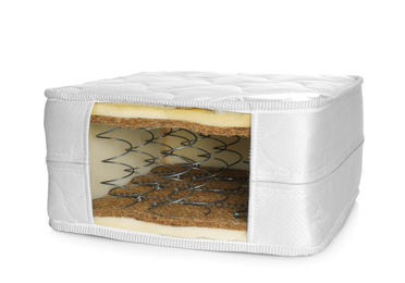Photo of Sample of modern orthopedic mattress isolated on white