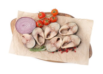 Photo of Pieces of mackerel fish and different products on white background, top view