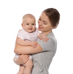 Photo of Portrait of happy mother with her baby isolated on white