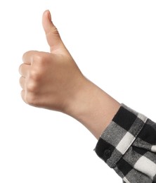 Photo of Woman showing hitchhiking gesture on white background, closeup
