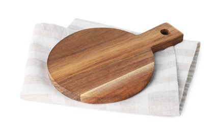 Photo of Wooden cutting board and kitchen towel on white background