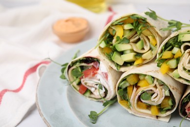 Photo of Delicious sandwich wraps with fresh vegetables on plate, closeup. Space for text