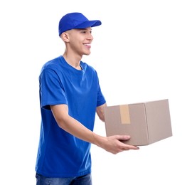 Photo of Happy courier with parcel on white background