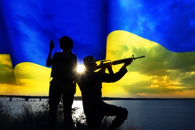 Image of Stop war in Ukraine. Silhouette of soldiers outdoors and Ukrainian flag, double exposure effect