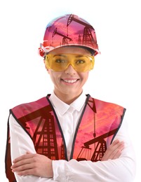 Image of Double exposure of woman wearing uniform and crude oil pumps on white background