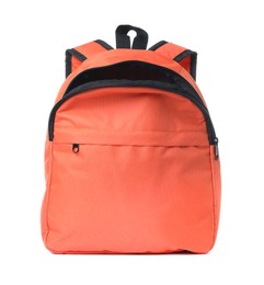 Photo of One stylish orange backpack on white background
