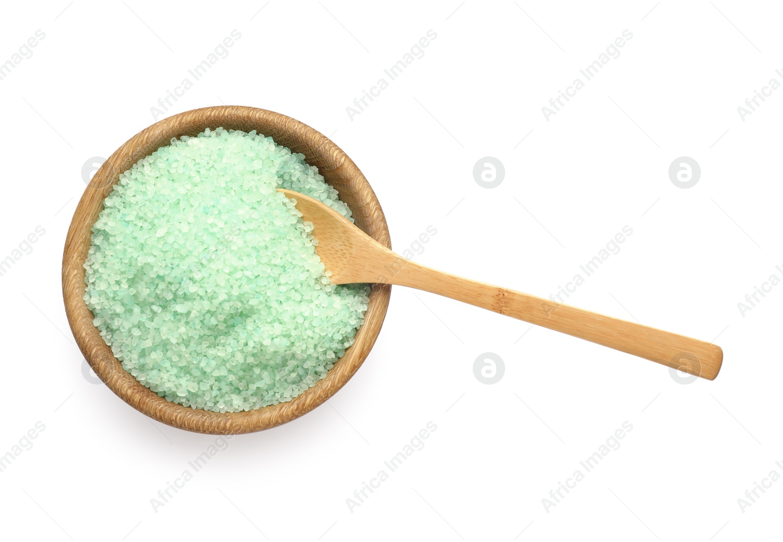 Bowl with turquoise sea salt and spoon isolated on white, top view Photo of Bowl with turquoise sea salt and spoon isolated on white, top view