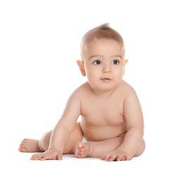 Photo of Cute healthy little baby on white background