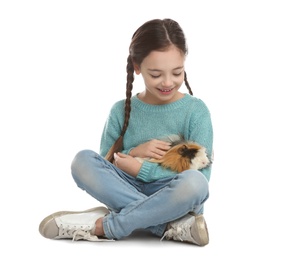 Photo of Happy little girl with guinea pig on white background. Childhood pet