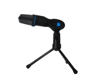 Photo of Condenser microphone with holder on white background