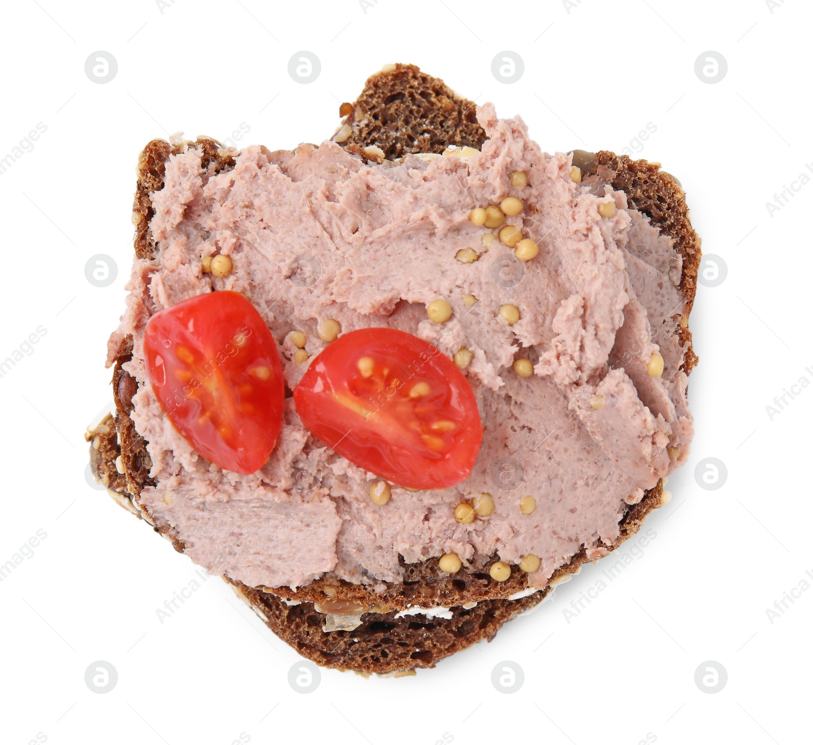 Photo of Delicious liverwurst sandwich with tomatoes and mustard isolated on white, top view