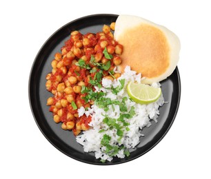 Photo of Delicious chickpea curry with rice isolated on white, top view