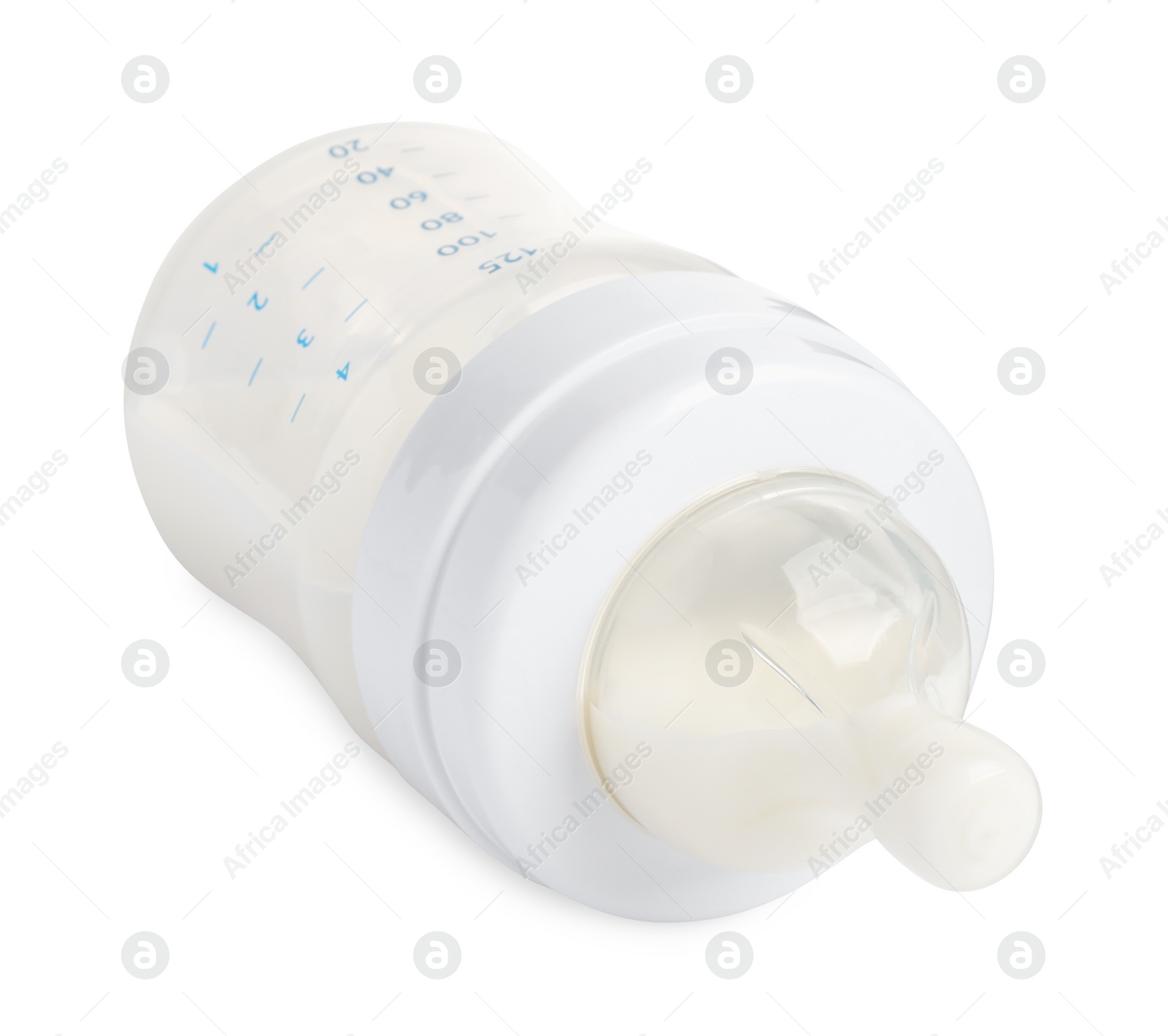 Photo of Feeding bottle with milk on white background