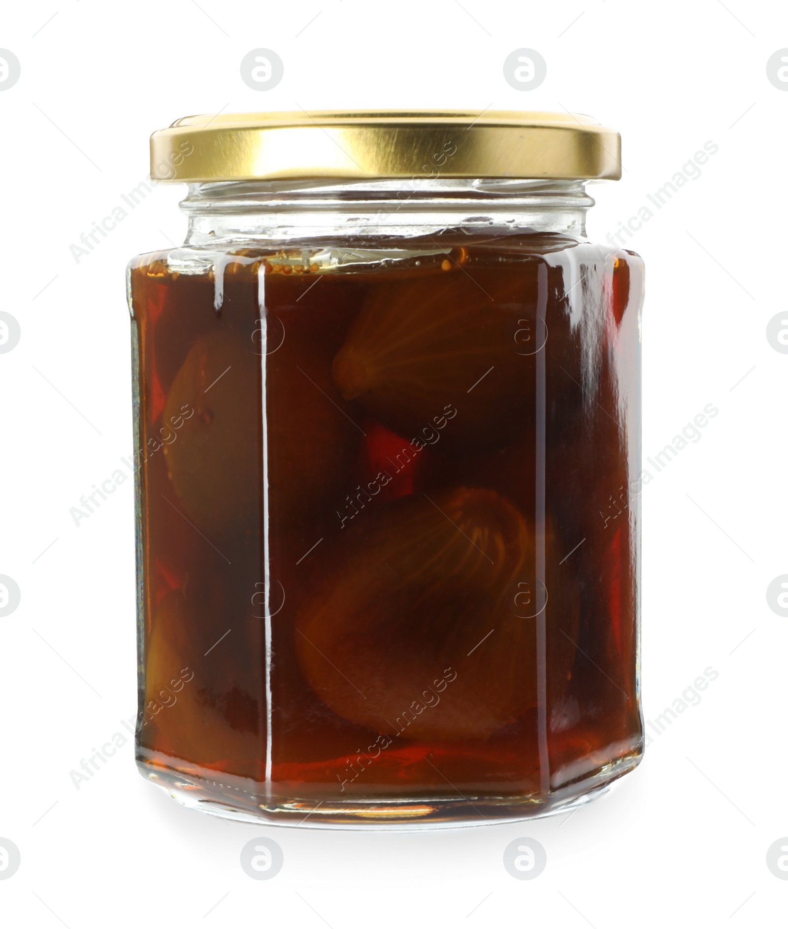 Photo of Jar of tasty sweet fig jam isolated on white