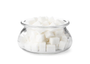 Glass bowl with sugar cubes isolated on white