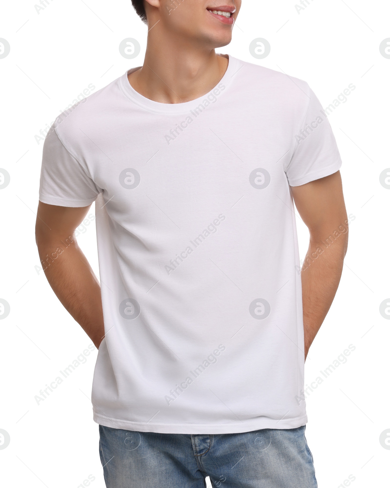 Photo of Man wearing stylish t-shirt on white background, closeup. Mockup for design