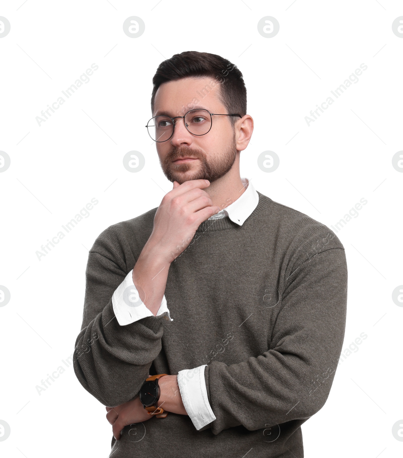 Photo of Portrait of handsome bearded businessman in eyeglasses on white background