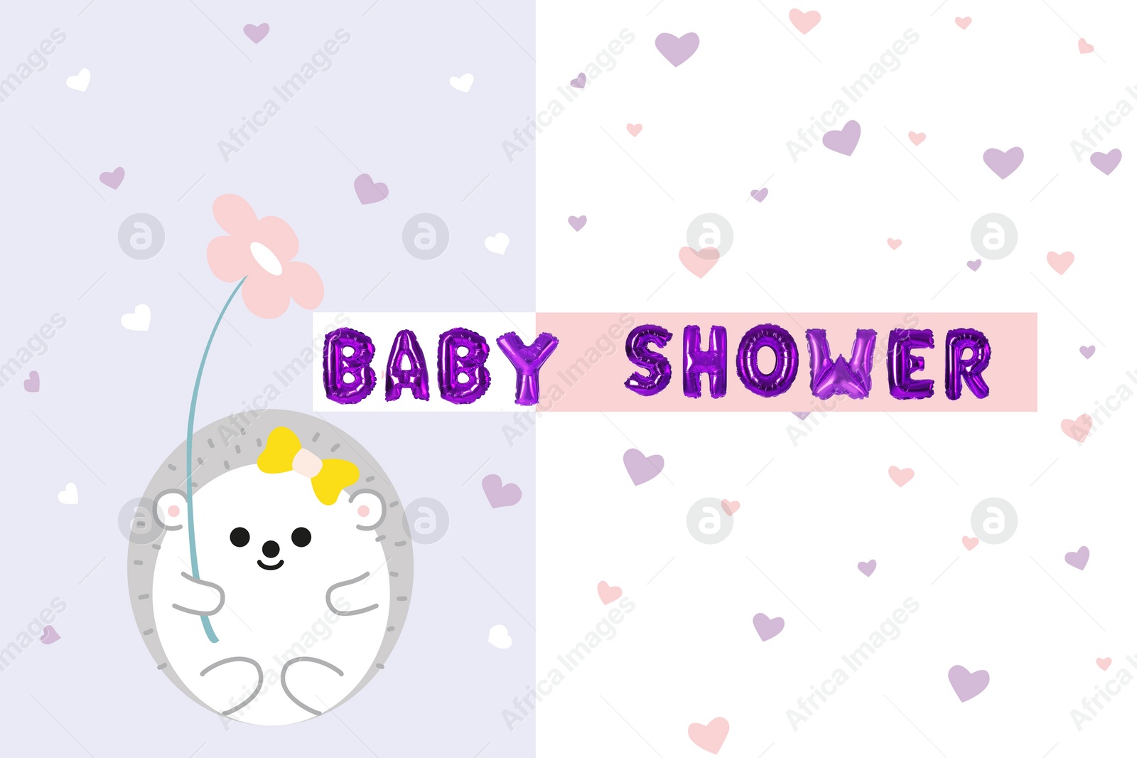 Image of Phrase BABY SHOWER made of foil balloon letters and cute illustration on color background