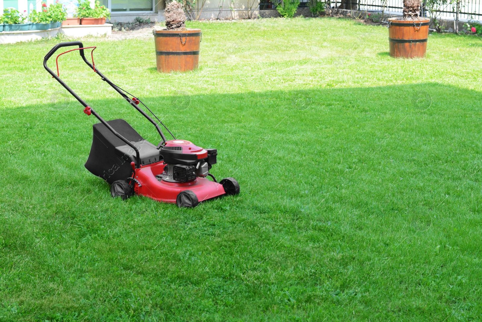 Photo of Modern garden lawn mower on green grass in park