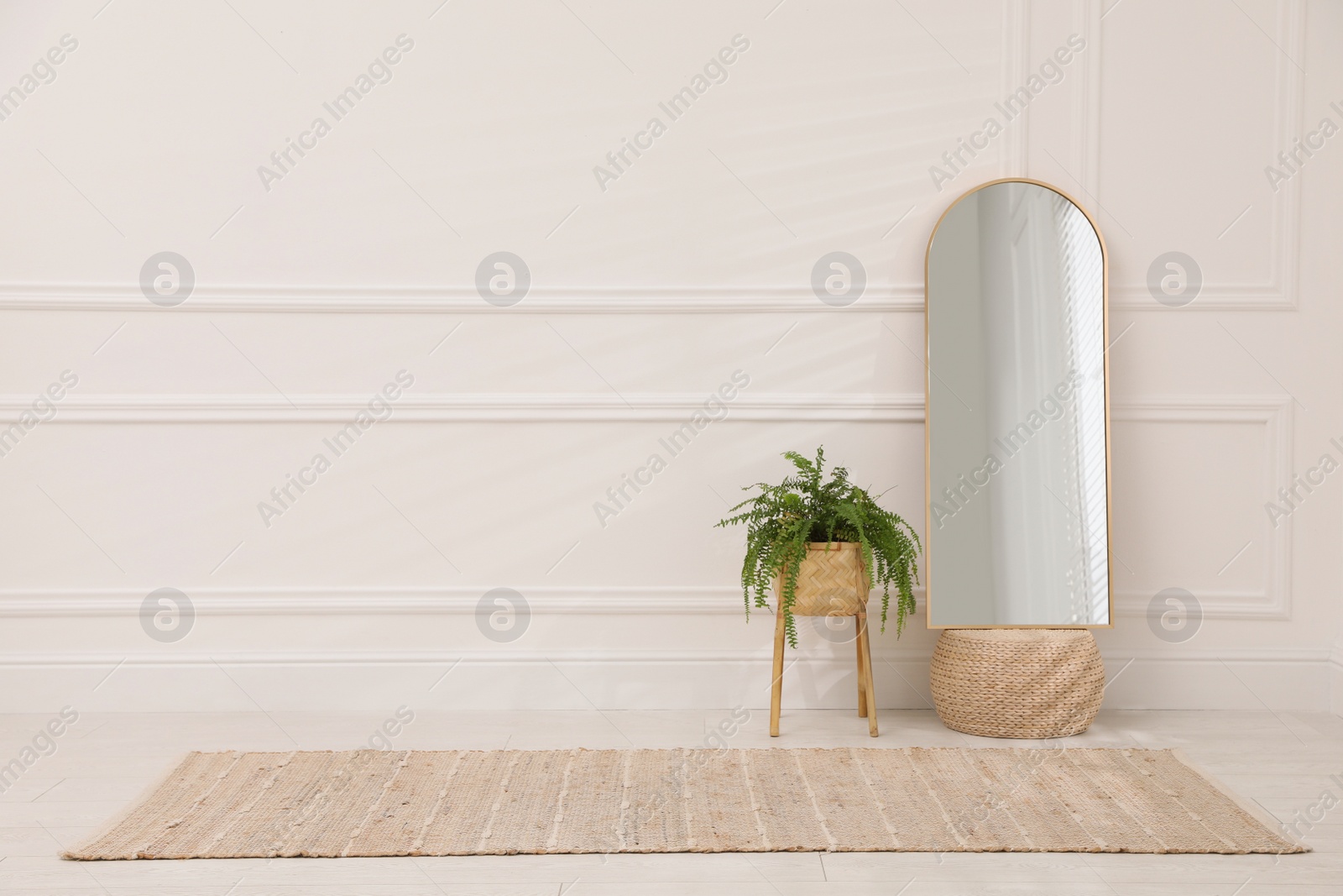 Photo of Stylish room interior with beige rug, mirror and plant. Space for text