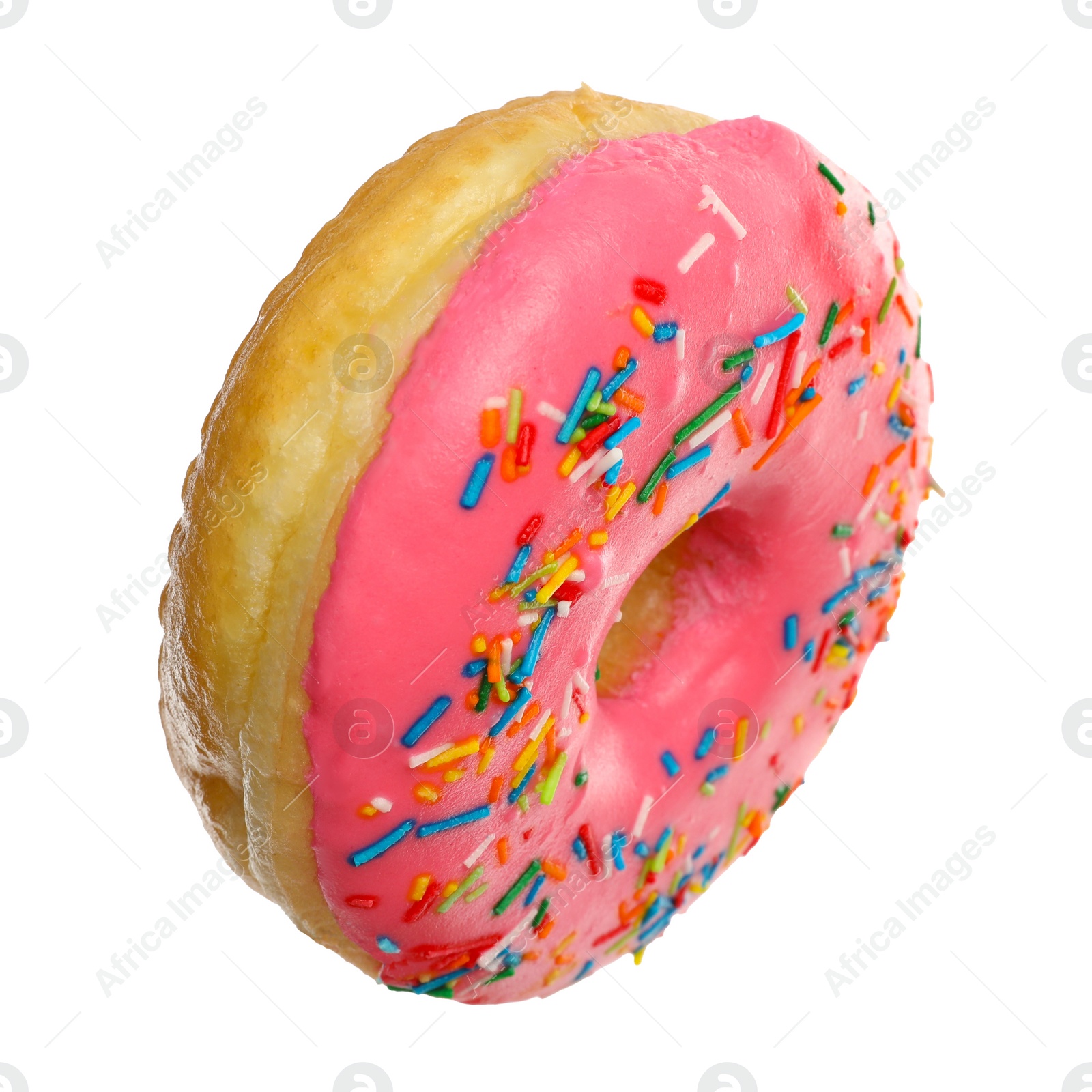 Photo of Sweet tasty glazed donut decorated with sprinkles isolated on white