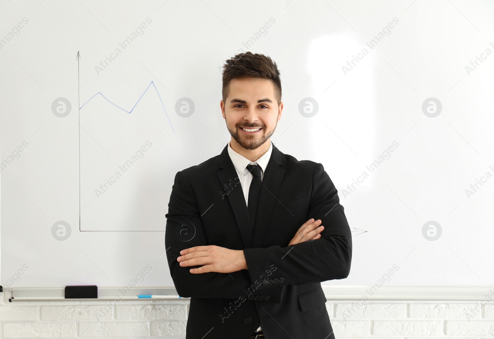 Photo of Professional business trainer near whiteboard in office