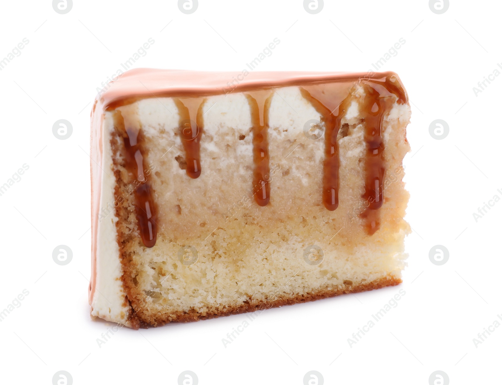 Photo of Slice of delicious cake with caramel sauce isolated on white