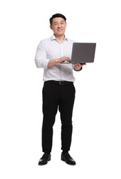 Photo of Businessman in formal clothes working on laptop against white background