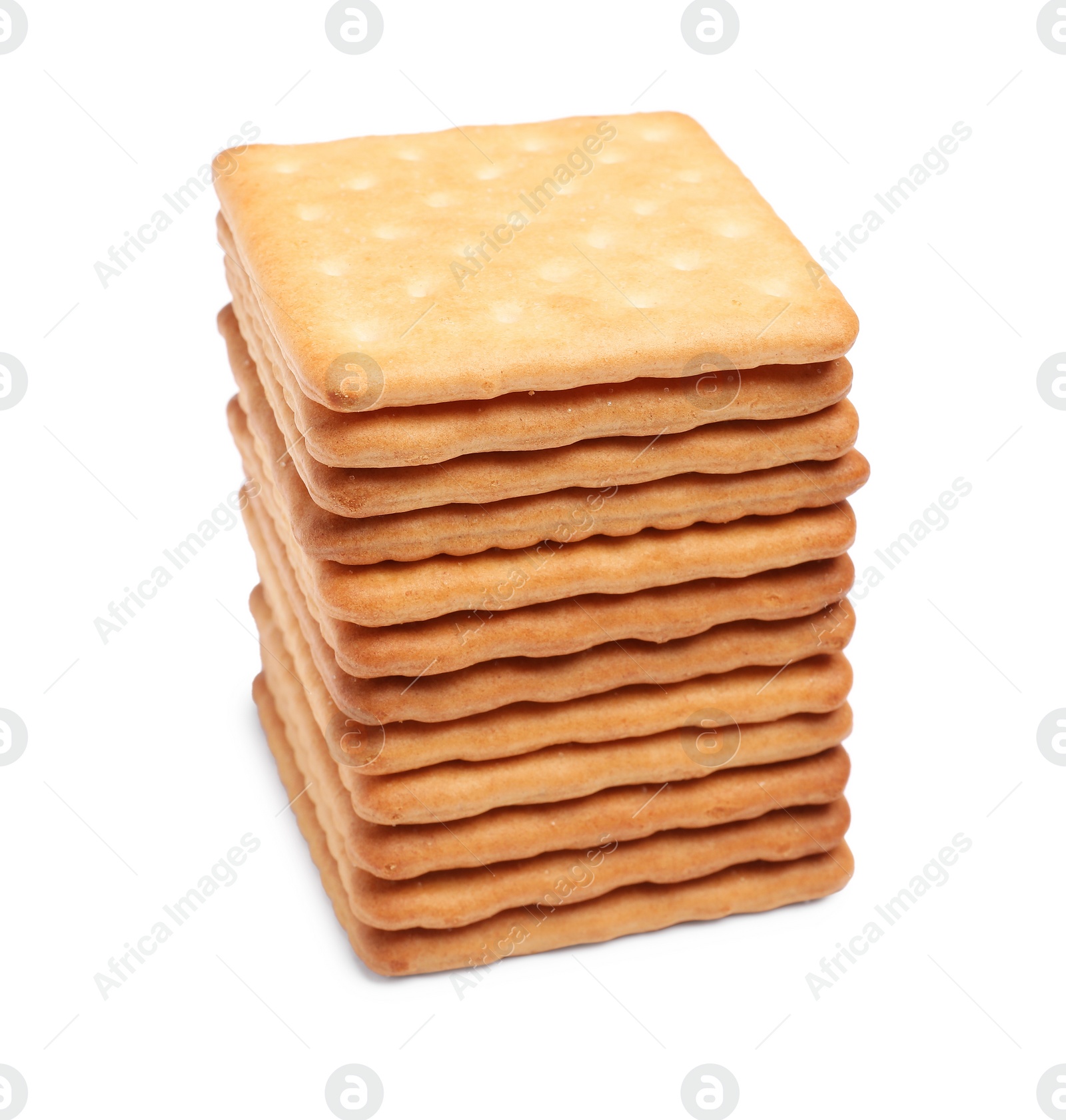 Photo of Tasty crispy square crackers isolated on white