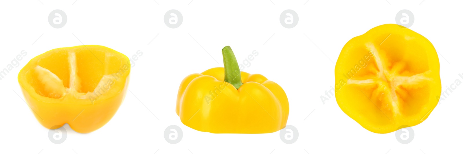 Image of Set of fresh cut yellow bell peppers on white background. Banner design