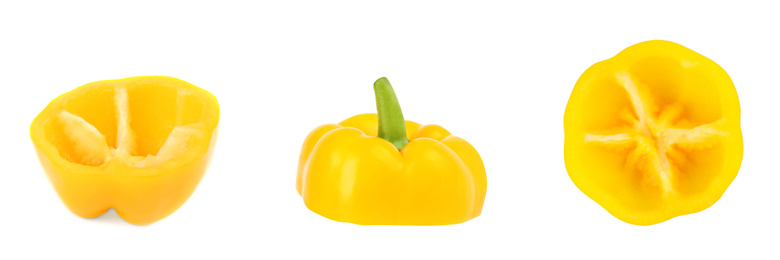 Image of Set of fresh cut yellow bell peppers on white background. Banner design