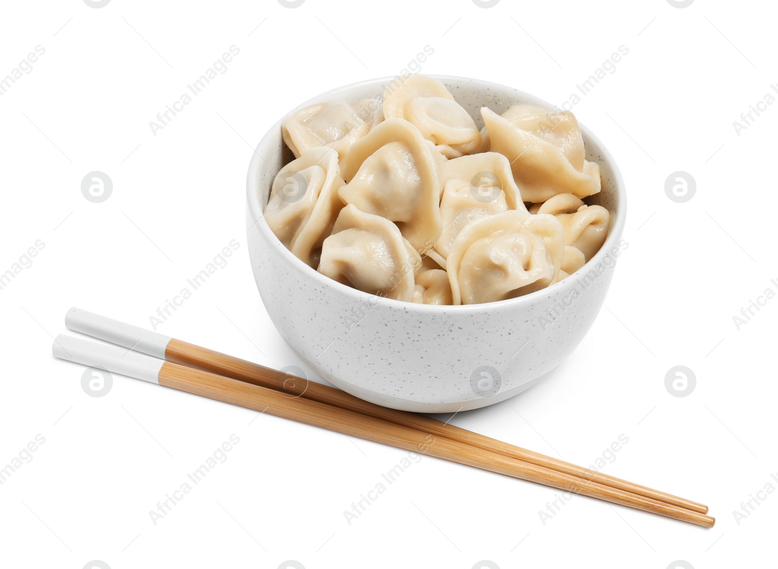 Photo of Tasty dumplings in bowl isolated on white