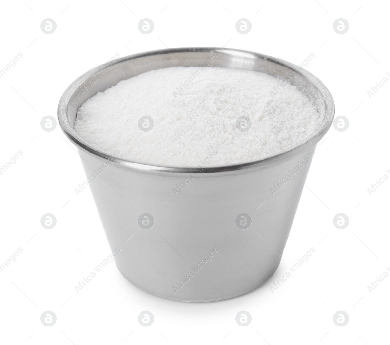 Photo of Baking powder in metal cup isolated on white