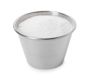 Photo of Baking powder in metal cup isolated on white