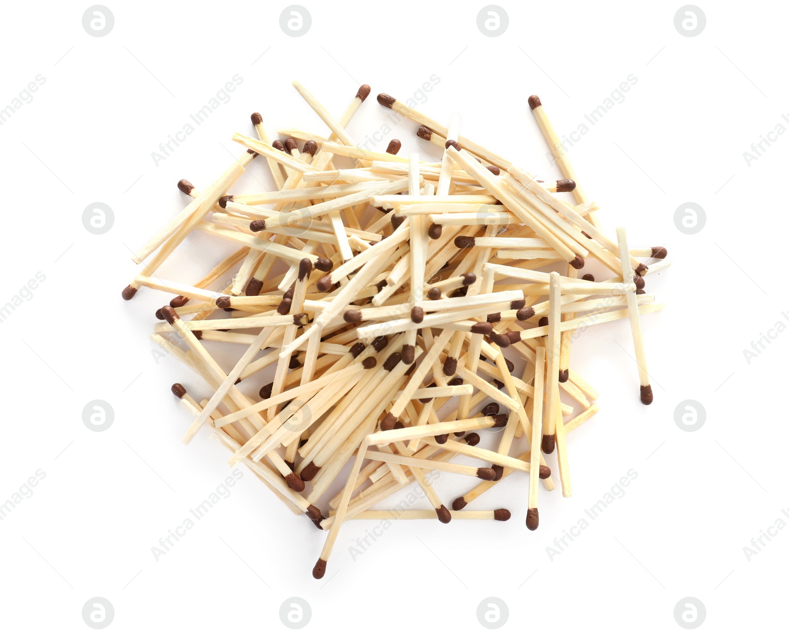 Photo of Pile of wooden matches on white background, top view