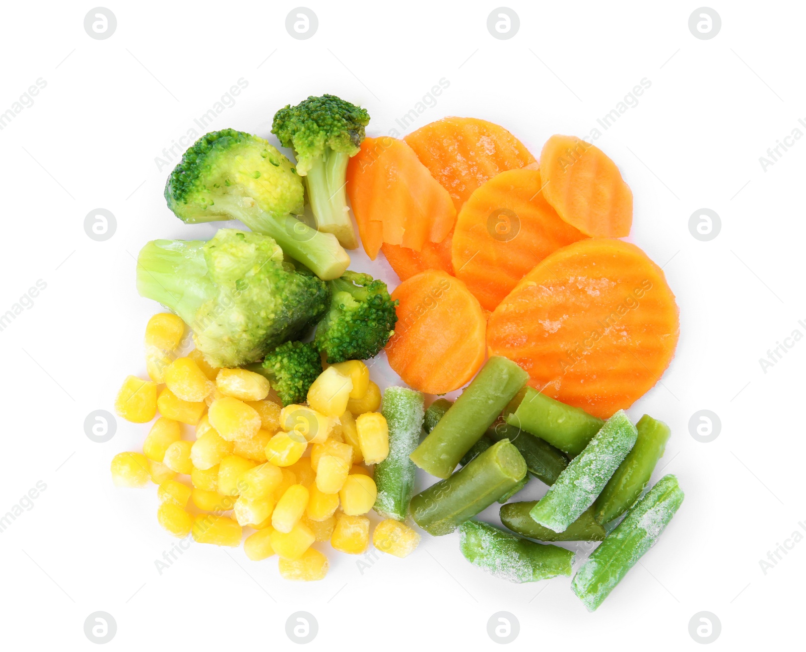 Photo of Mix of frozen vegetables on white background, top view