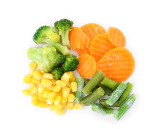 Mix of frozen vegetables on white background, top view