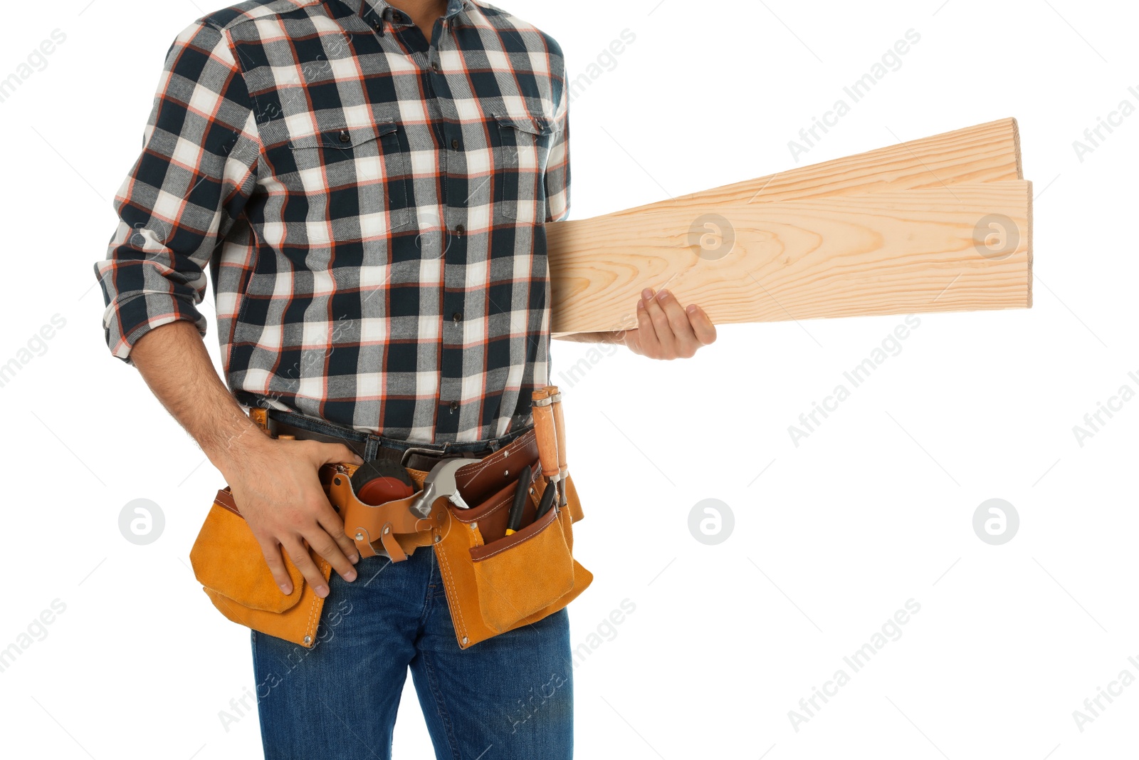 Photo of Carpenter with wooden planks isolated on white, closeup