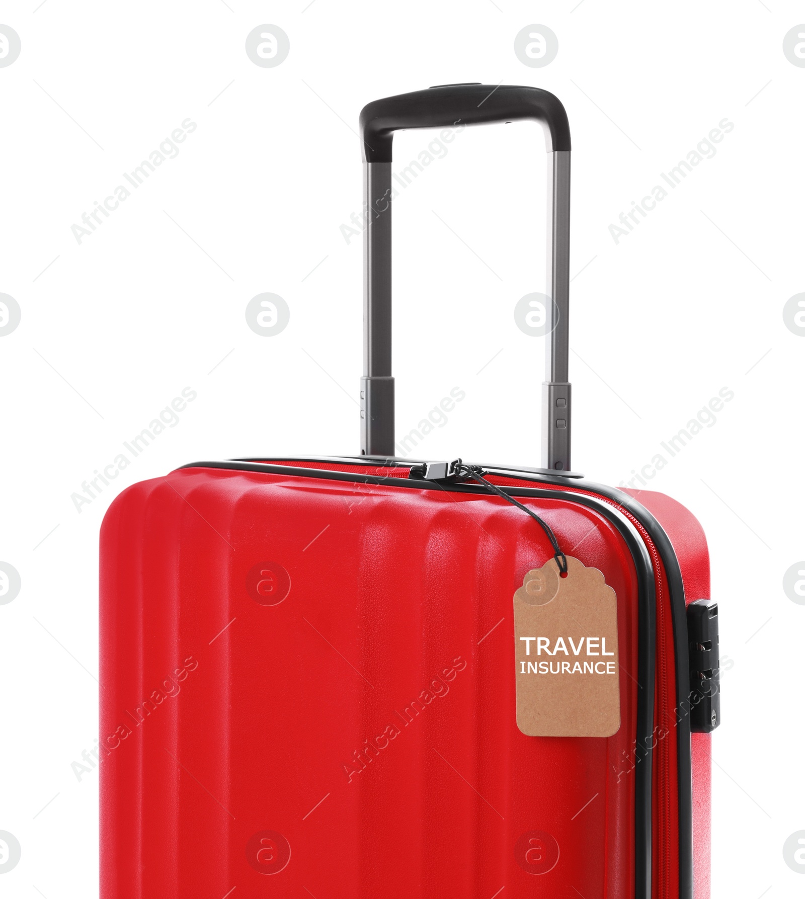 Photo of Red suitcase with TRAVEL INSURANCE label on white background