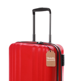 Red suitcase with TRAVEL INSURANCE label on white background