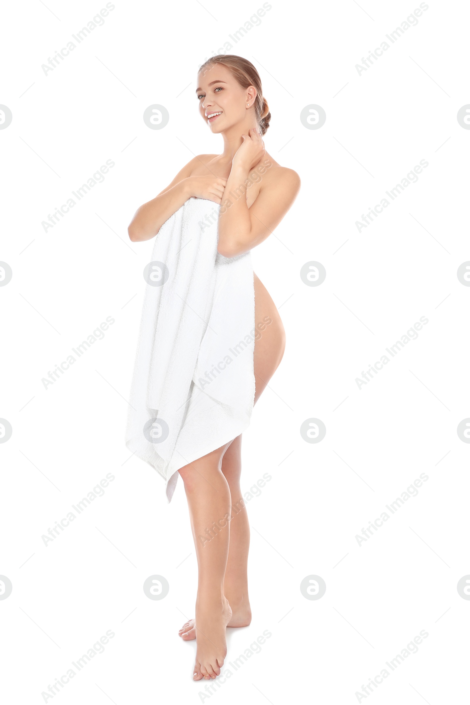 Photo of Full length portrait of young pretty woman with towel on white background