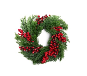 Beautiful Christmas wreath with red berries isolated on white, top view