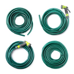 Set with green rubber watering hoses on white background, top view